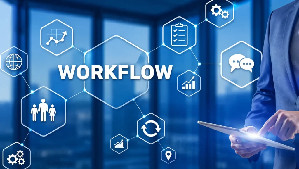 Workflow concept illustration with digital icons and business professional, representing a web designer in Thrissur, Kerala
