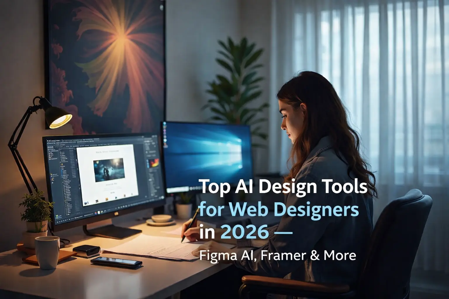 Modern workspace with dual monitors showing AI design tools, representing innovation by a web designer in Thrissur, Kerala.