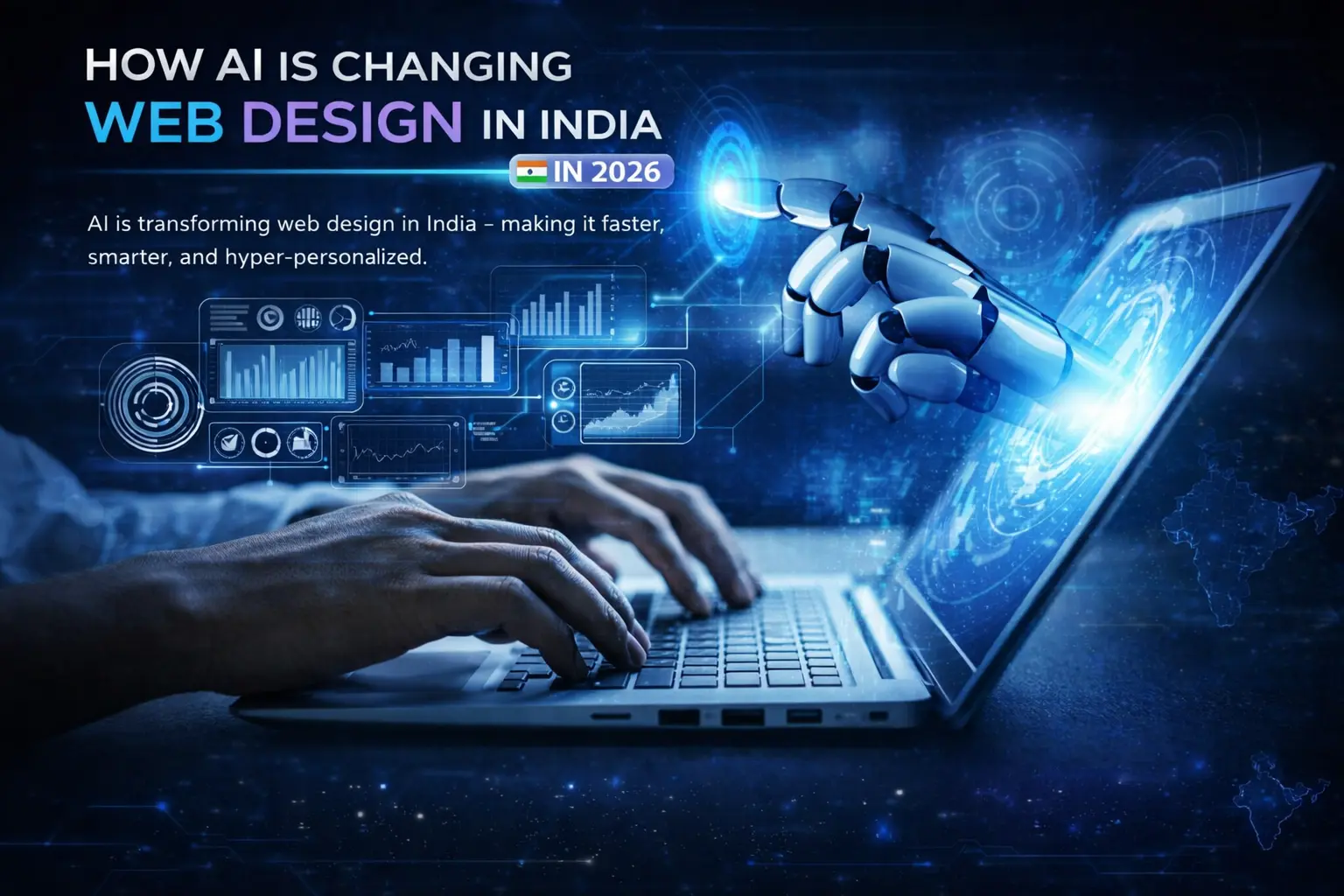 Futuristic concept of AI transforming web design with collaboration between human and robotic hands, representing innovation by a web designer in Thrissur, Kerala.