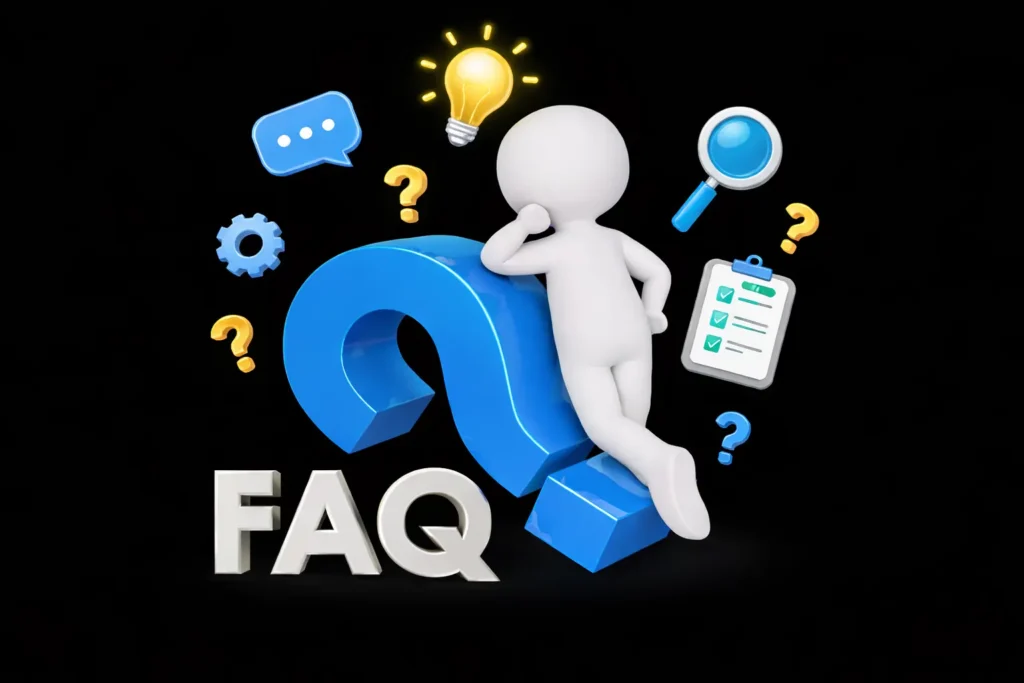 FAQ concept illustration with question mark and icons, symbolizing a web designer in Thrissur, Kerala
