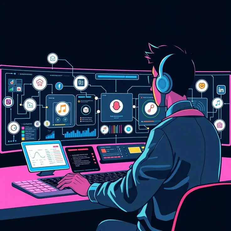 Person at workstation with multiple screens showing data and social icons, representing a web designer in Thrissur, Kerala