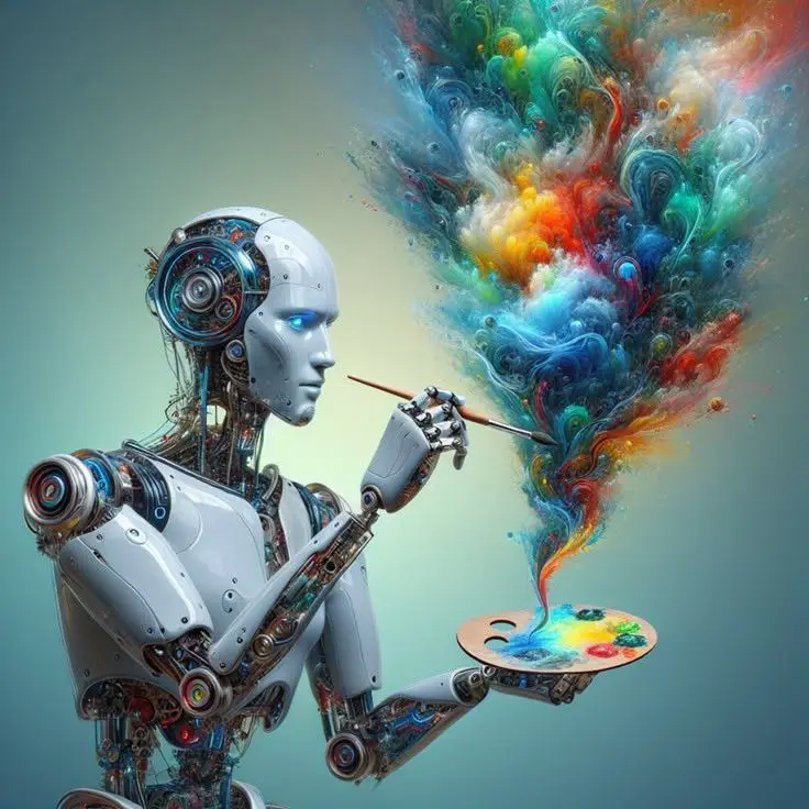 Robot artist with vibrant colors, symbolizing creativity and innovation of a web designer in Thrissur, Kerala