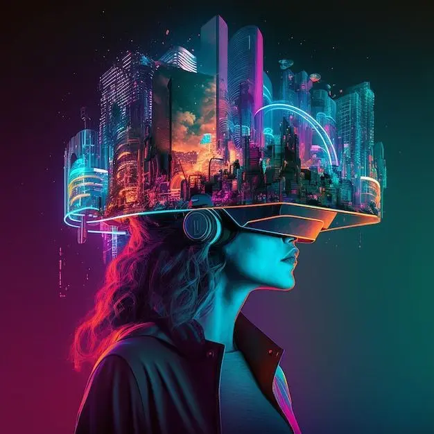 Person wearing VR headset with neon cityscape projection, symbolizing immersive design by a web designer in Thrissur, Kerala