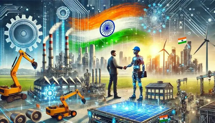 Human shaking hands with robot in futuristic industrial scene, symbolizing innovation by a web designer in Thrissur, Kerala