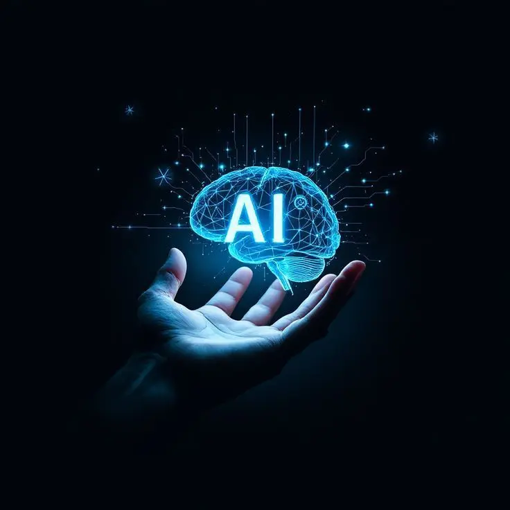 Glowing AI brain above a hand, symbolizing AI design tools for web designers and the top AI design tools shaping modern web design.