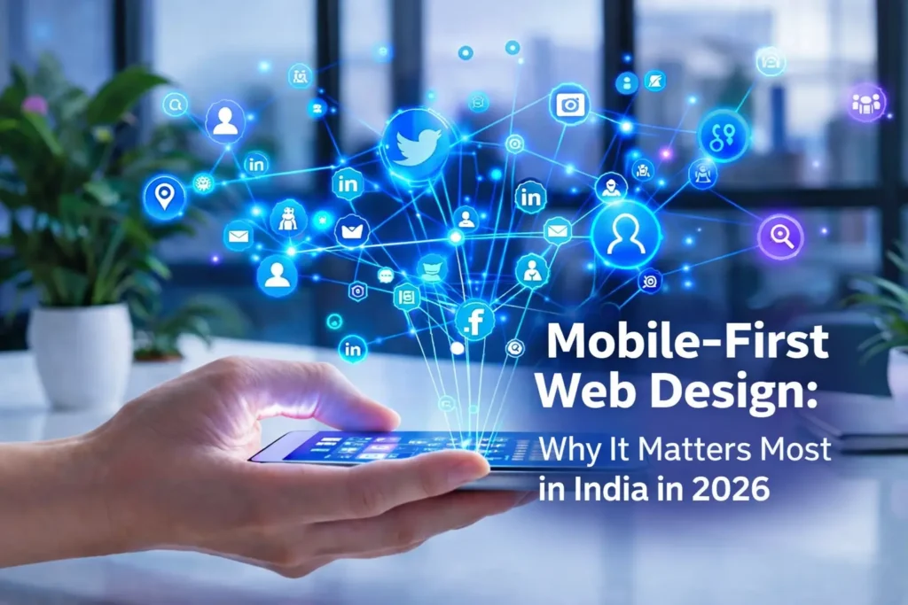 Hand holding smartphone with glowing social media icons, symbolizing mobile-first design by a web designer in Thrissur, Kerala