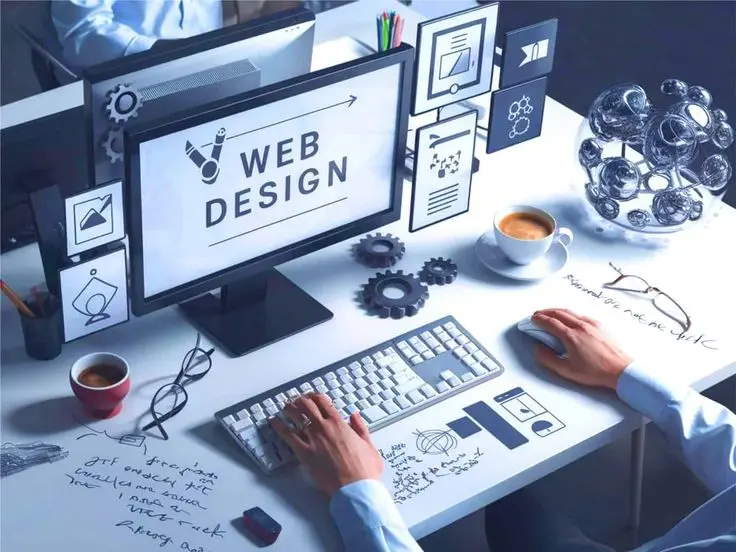 Web design workspace with computer screen showing design tools by a web designer in Thrissur, Kerala