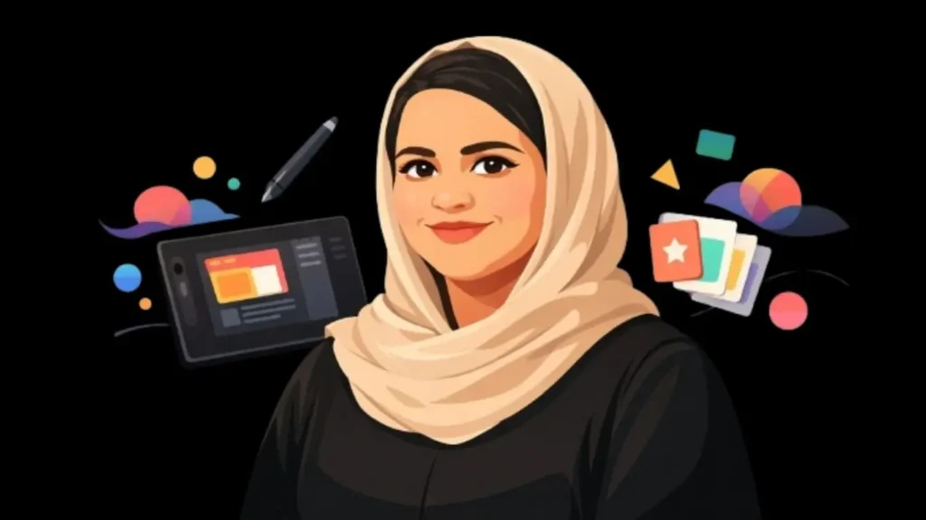 Illustration of a creative web designer in Thrissur, Kerala working on digital design tools