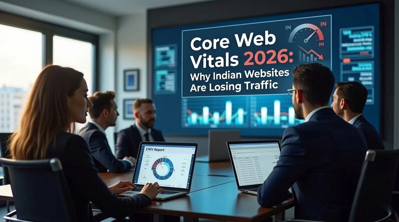 Business professionals analyzing digital charts in a meeting, highlighting Core Web Vitals and optimization by a web designer in Thrissur, Kerala.