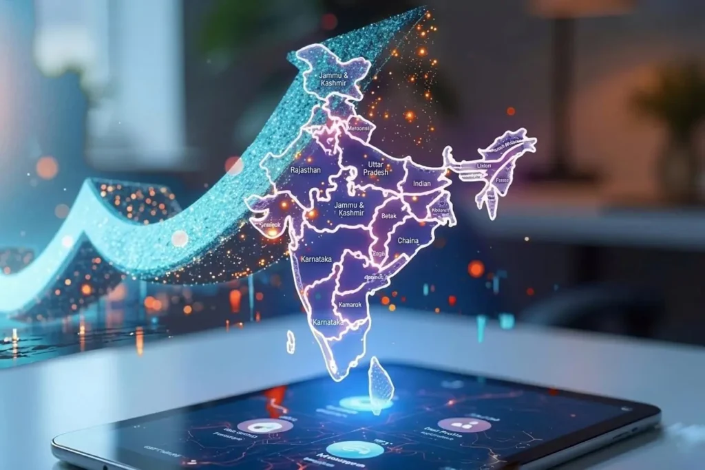 Futuristic digital map of India with workflow icons, symbolizing innovation by a web designer in Thrissur, Kerala
