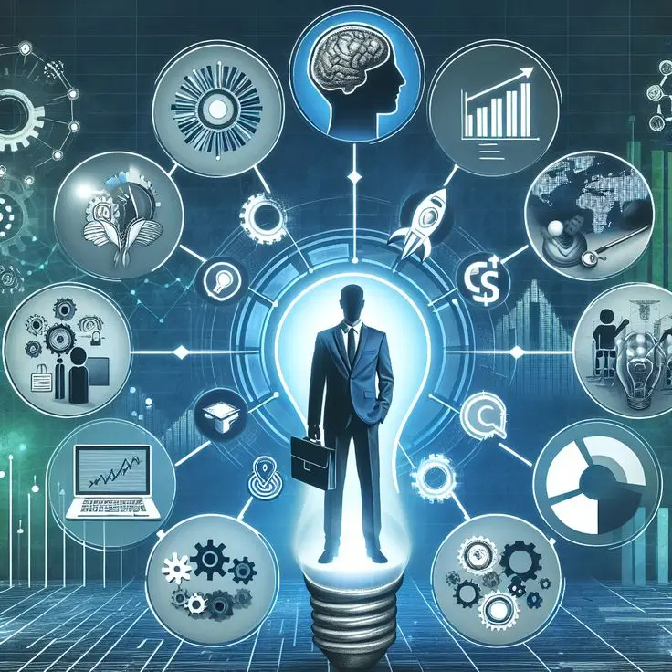 Businessperson inside glowing light bulb with tech icons, symbolizing innovation by a web designer in Thrissur, Kerala
