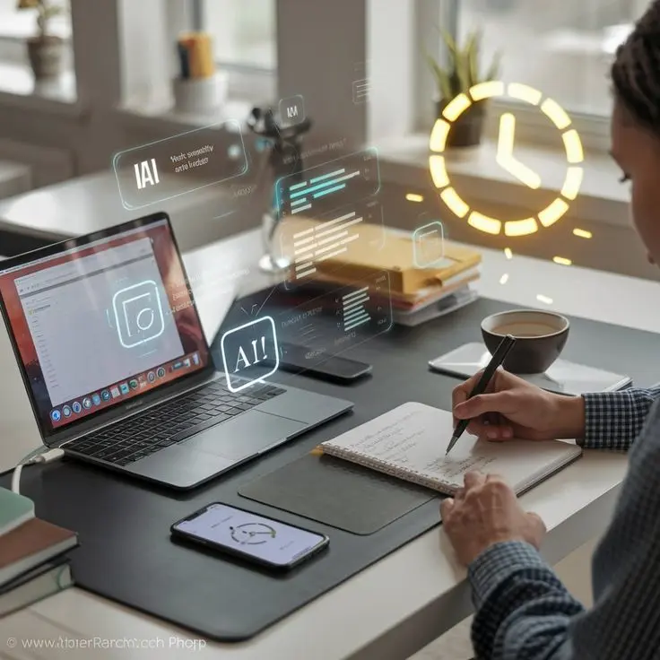 Modern workspace with AI tools and laptop used by a web designer in Thrissur, Kerala for website development