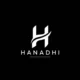 Minimalist black-and-white logo featuring a stylized letter “H” with a flowing curved swoosh through the center above the word “HANADHI” in spaced uppercase letters and a thin underline.