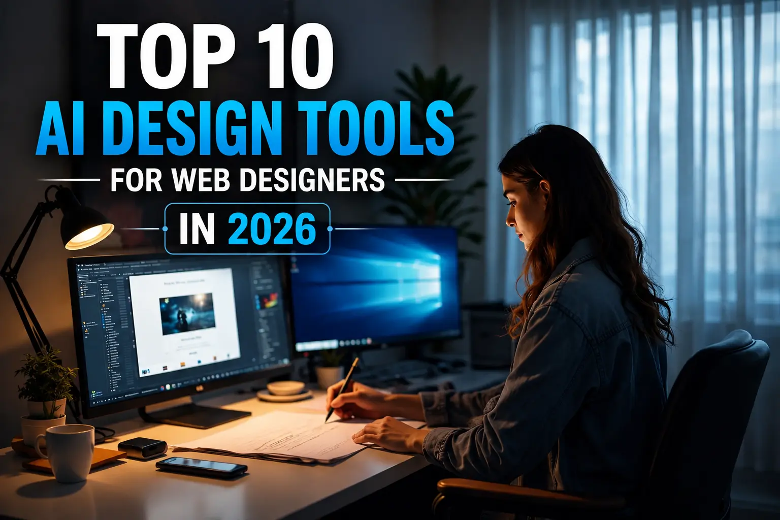 Top AI design tools for web designers in 2026 shown on a workspace image with a designer working at her computer.