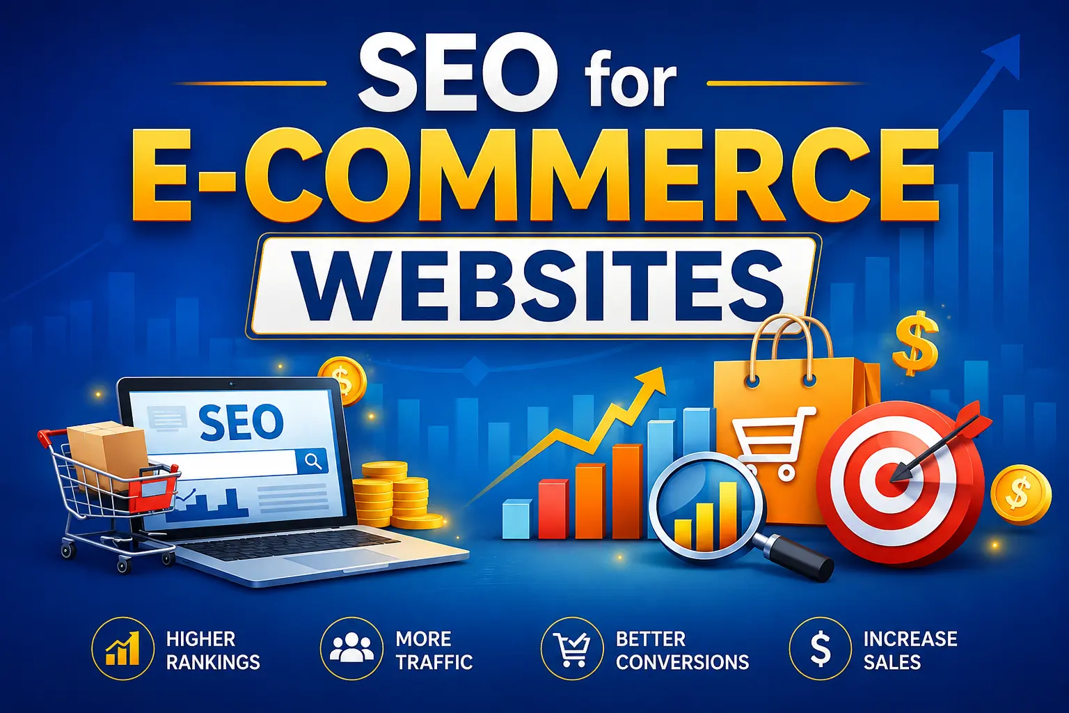 SEO for E-commerce Websites illustration showing online store SEO, traffic growth, higher rankings, better conversions, and increased sales