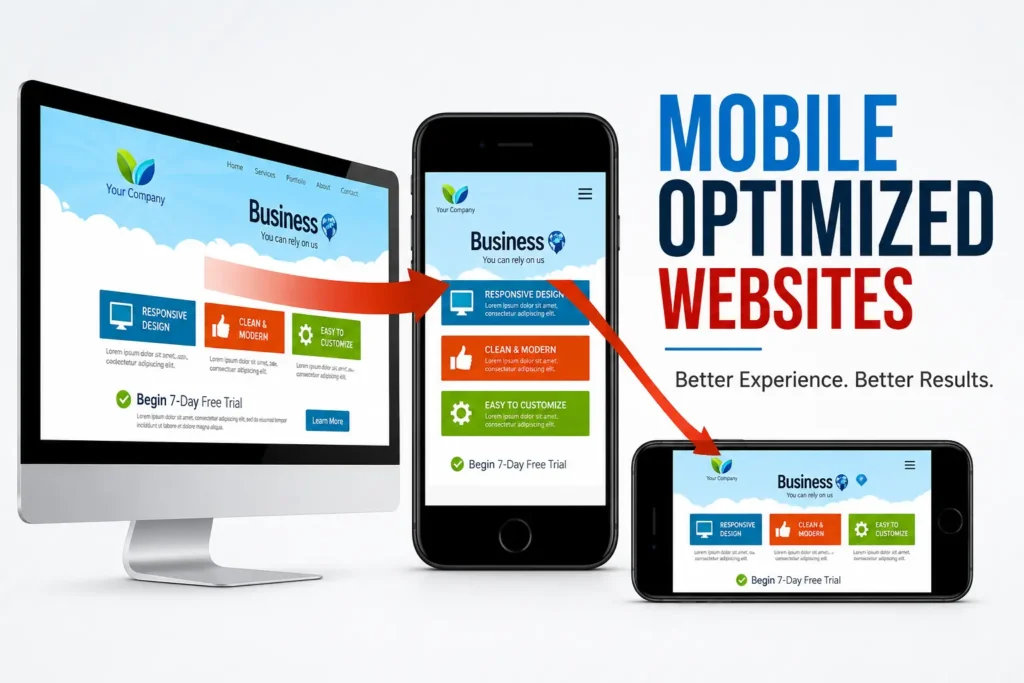 SEO for E-commerce Websites image showing mobile-optimized responsive web design across desktop, smartphone, and tablet devices for better user experience