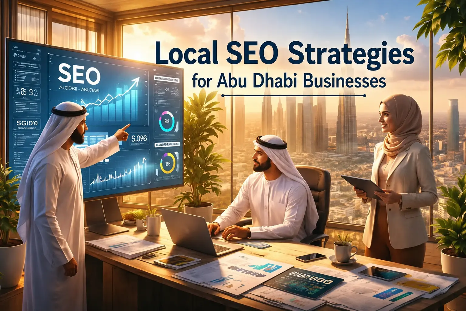 Business professionals in Abu Dhabi office discussing local SEO strategies with charts and analytics on screen