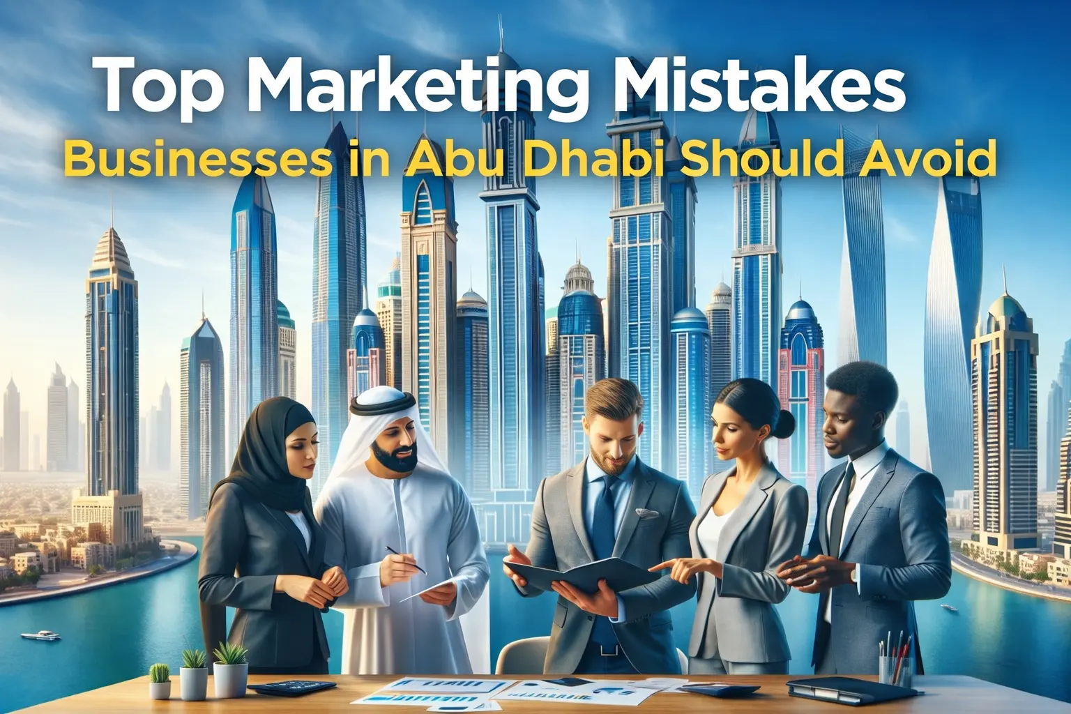 A group of business professionals in Abu Dhabi discussing marketing strategies with the city skyline in the background, illustrating key marketing mistakes Abu Dhabi businesses should avoid.