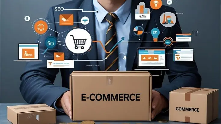 SEO for E-commerce Websites illustration showing online shopping, SEO analytics, digital marketing, and e-commerce optimization tools
