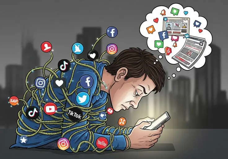 Illustration showing social media overload, highlighting marketing mistakes Abu Dhabi businesses should avoid in digital marketing strategy.
