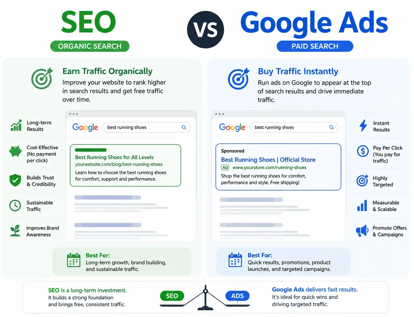 Infographic comparing SEO and Google Ads, highlighting differences between organic search and paid search, including benefits, costs, traffic generation, and ideal use cases.