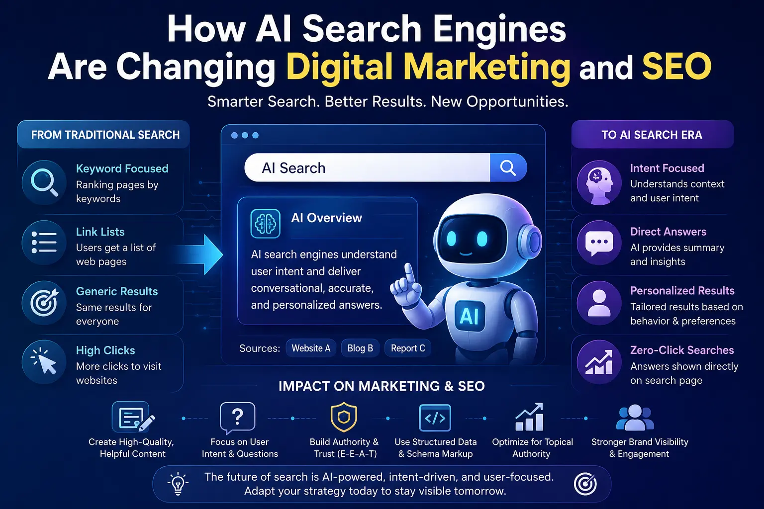 Infographic showing how AI search engines are transforming digital marketing and SEO through intent-based search, personalized results, direct answers, and improved content strategies.