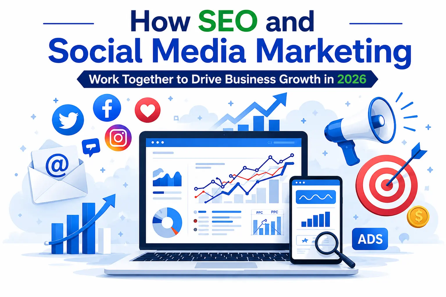Digital marketing illustration showing SEO and social media marketing working together with analytics dashboards, social media icons, growth charts, advertising elements, and business performance metrics.