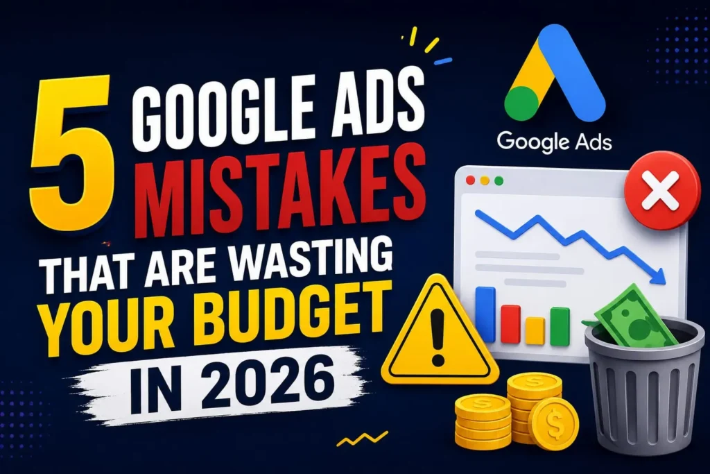 Modern digital marketing illustration showing the top 5 Google Ads mistakes that waste advertising budget in 2026, featuring Google Ads branding, declining performance charts, warning icons, and money being wasted.