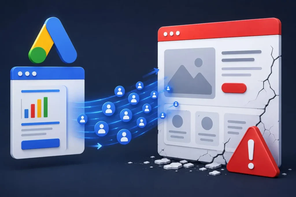 3D illustration showing Google Ads traffic being directed to a weak landing page with warning symbols, broken webpage elements, and poor user experience, representing lost conversions and wasted ad spend.