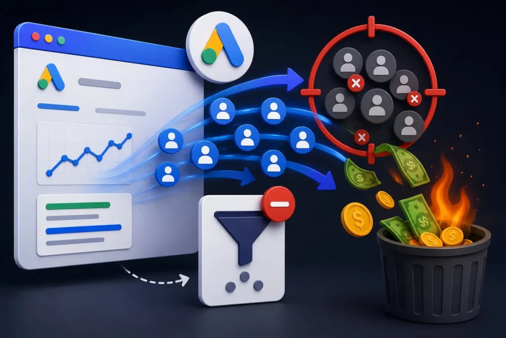 3D illustration showing irrelevant Google Ads traffic bypassing keyword filters, leading to wasted ad spend, unwanted clicks, and poor campaign performance.