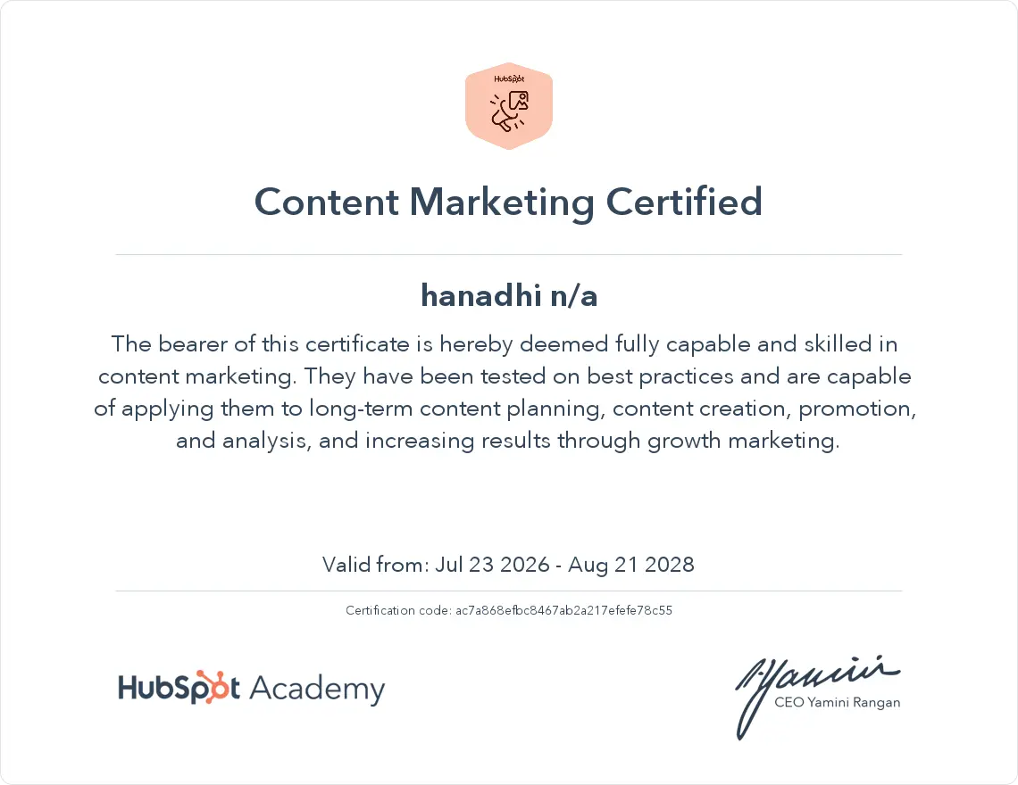 Certificate titled "Content Marketing Certified" issued by HubSpot Academy, confirming completion of a content marketing course covering planning, creation, promotion, and analysis skills.